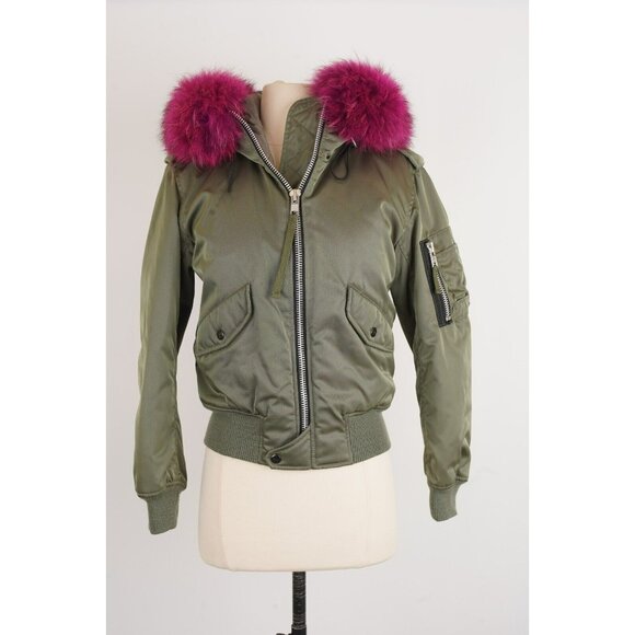SAM Women's Large Fur Trim Down Bomber Jacket Green SZ XS $595